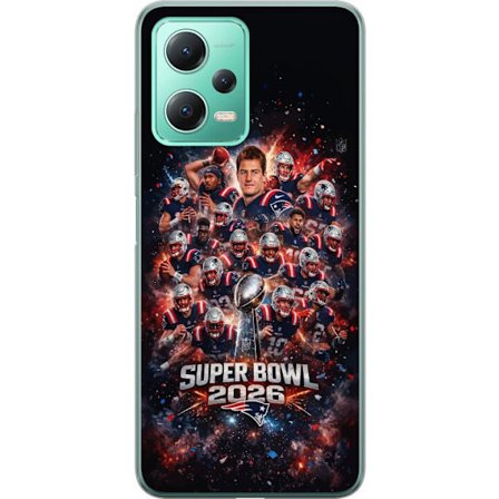 Yhteensopiva Puhelinkuori Xiaomi Redmi Note 12 Super Bowl 2026 juliste, jossa New England Patriots ja NFL-mestaruuspalkinto räjähtävän urheilullisessa