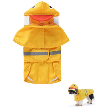 Regnjakke til hund med hette, Reflekterende regnjakke til hund, Regnjakke til hund i andestil, Hundebody, Gul, Størrelse L