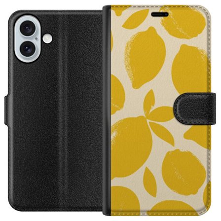 Kompatibelt Plånboksfodral till Apple Apple iPhone 16 Plus Citrontryck citroner gula citrusfrukt köksmönster sommar design tapet retro stil färsk