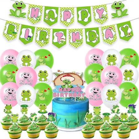 Frø fødselsdagsfestartikler, frø fødselsdagspynt ballon sæt med Happy Birthday banner, kagepynt, balloner og dug til drenge piger 1