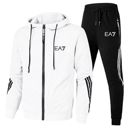 Herre Full Zip Trykket Hettejakke Lange Joggebukser Jogger Sports Gym Treningsdress Sett Hvit