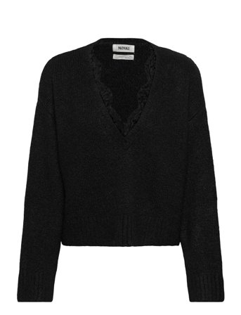 Monki Lace-Trimmed V-Neck Sweater - Black - XS