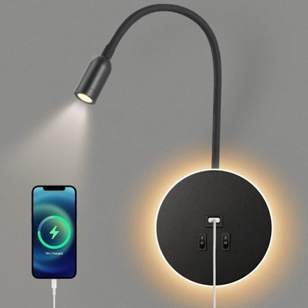 LED vägglampa, sängläsningslampa med strömbrytare, USB-laddningsport, justerbar spotlight, svart