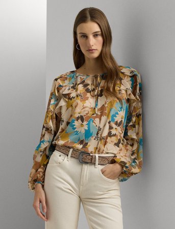 Lauren Ralph Lauren Floral Crinkle Georgette Tie-Neck Blouse - Beige - S