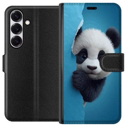 Kompatibelt Lommeboketui til Samsung Samsung Galaxy S25 Søt panda som ser ut gjennom papir i en myk 3D-illustrasjon