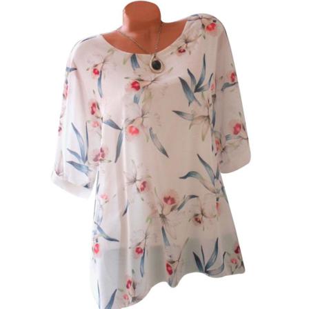 Summer Flower Print Dam Blus 5xl Storlek Chiffong Blusar Halv