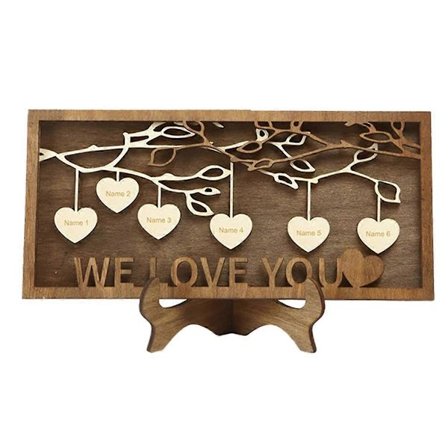 Träfamiljeträd plakett dekoration snidad familjenamn 6 namn