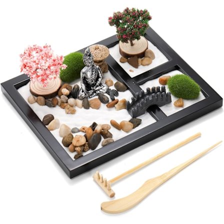 Hiceeden Zen Set för skrivbord, 21,5 x 17,5 cm Japanska Mini Zen Trädgårdstillbehör, Sandbricka, Set, Meditationspresent