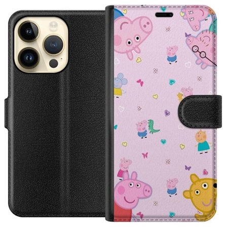 Kompatibelt Lommeboketui til Apple iPhone 15 Pro Peppa Gris med en baby i armene, mamma gris motiv i fargerik og myk barneillustrasjon med hjerter