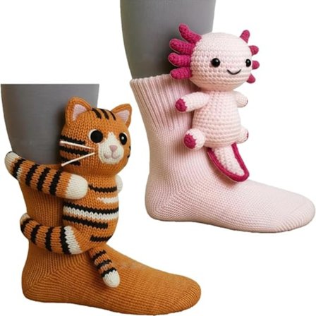 2 par 3D-stickade djurstrumpor – Handsydda söta varma nyhetsstrumpor för golv till jul