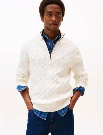 Tommy Hilfiger Classic Cotton Cable Zip Mock - White - XXXL