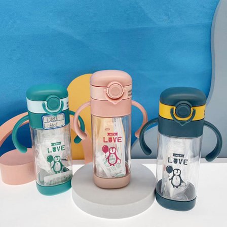 Läcksäker vattenflaska för barn Söt barnplastgrepp Absorberande 400 ml handtag