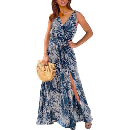 Summer Women Sling Blommig Lång Klänning Boho V-neck Ärmlös Par