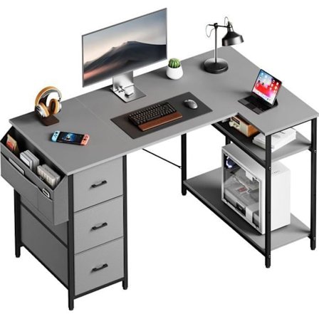 HLONONE Kulmapöytä, 120x78cm Pelipöytä, L-muotoinen pöytä 3 laatikolla, Tietokonepöytä säilytyslaukulla, Harmaa