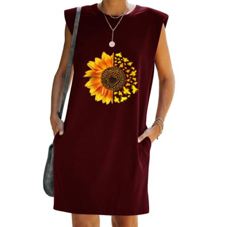 Lady Fashion Trendig Personlighet Solros Print Ärmlös Klänning