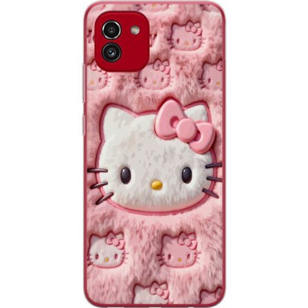 Kompatibel Mobilcover til Samsung Galaxy A03 Hello Kitty lyserød fluffy baggrund med ikonisk ansigt og kawaii-æstetik