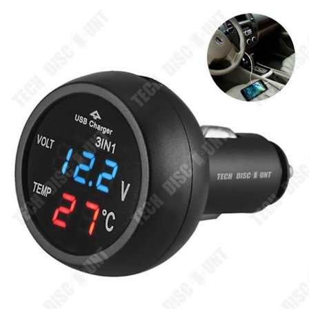 Auton USB-laturi - TD - Voltmittari ja lämpömittari - LED-näyttö - 12-24V - Musta