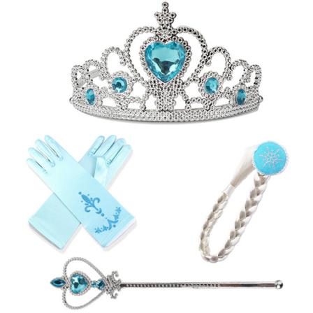 4-pack Elsa och Anna prinsessset: Fläta, tiara, trollstav och ett par handskar sky blue