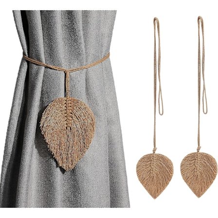 2 stk gardinbindinger, brune, bladgardinbindinger, klips, snor, spenner, håndvevde bohemske duskbindinger, gardinpynt til hjem/stue