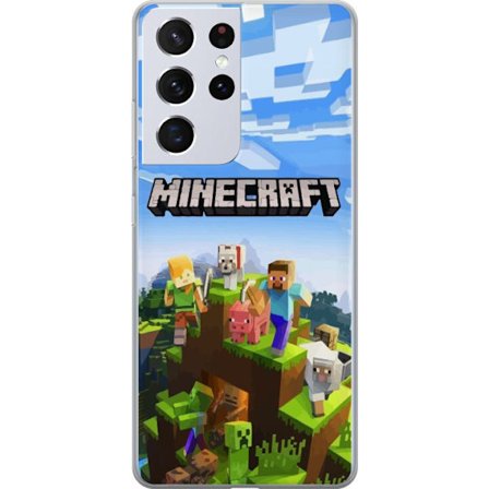 Kompatibelt Mobilskal till Samsung Samsung Galaxy S21 Ultra 5G Minecraft äventyrsklippa med Steve, Alex, djur och mobs i klassisk blockstil där hela