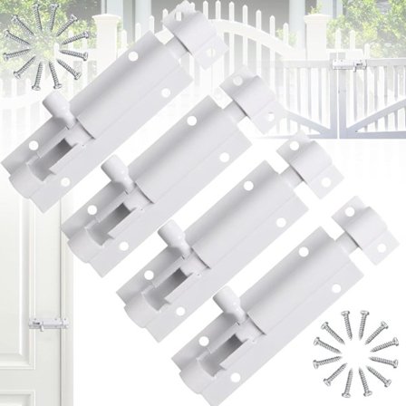 Skyvelås for dør, hvit lås, skyvelås i aluminiumslegering, 3 tommers skyvelås med skruer, for hage, bad, skur, garasje