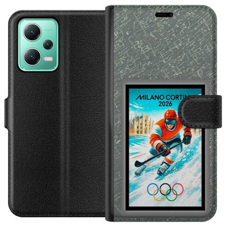 Kompatibel Tegnebogsetui til Xiaomi Redmi Note 12 Curling illustration med spillere og sten på isen, Milano Cortina 2026, snedækkede stænk og olympisk