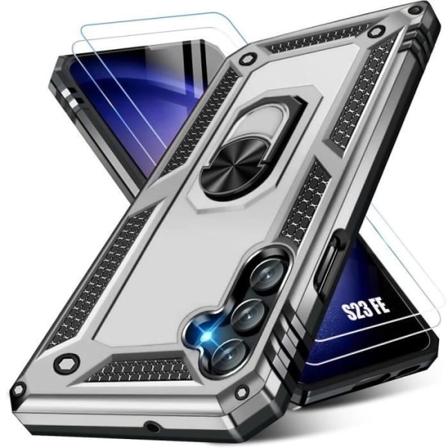 Etui til Samsung Galaxy S23 FE, sølv stødsikker forstærket ringbagside + 2 hærdede briller (ikke til S23)