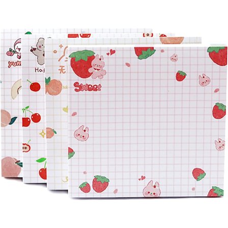 Klæbende noter, Kawaii memoblokke 7,9x7,9 cm, 4-pak farverige frugt selvklæbende noter til kontor, skole og hjem (320 ark)