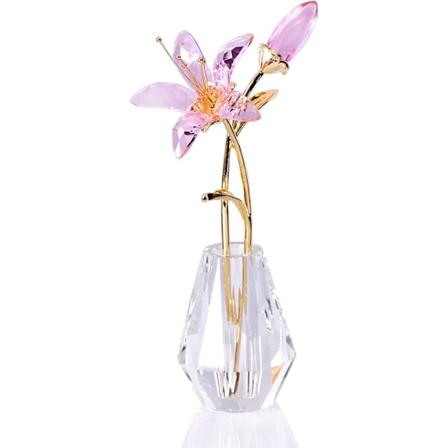Krystallblomstfigur Lilje Blomst Samleobjekter for Kvinner, Glass Lilium med Krystallvase Metallstamme for Hjem Bryllup Festdekor Pink
