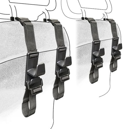 Fire nakkestøttekroge, generelt biltilbehør til interiør, bøjler til bagsæde og forsæde samt opbevaringskasser til indkøbsposer.