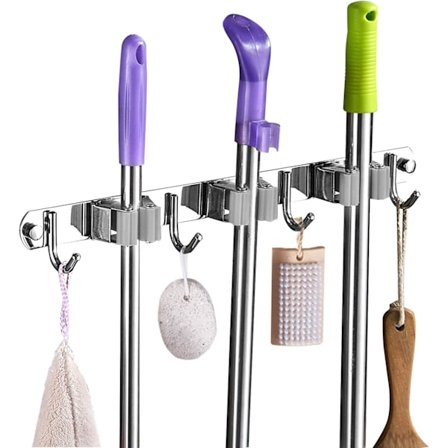 Grå veggmontert moppholder - Moppholder i rustfritt stål, oppbevaringshenger for kjøkken, vaskerom, garasje (3 spor og 4 kroker)