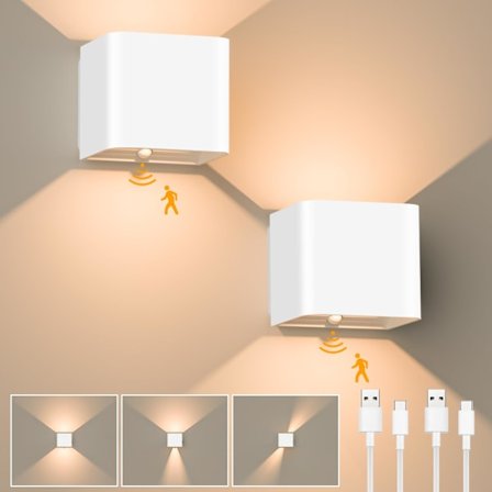 Indendørs Væglampe, 2 Pak, Væglampe med Bevægelsessensor, Genopladelig LED, 3000K Varmt Hvidt Lys, Trådløs, Justerbar Lysvinkel (Hvid)