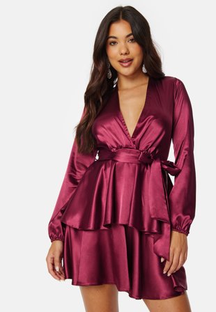 John Zack Satin Sequin Deep V Ruffle Skater Dress Wine Klær