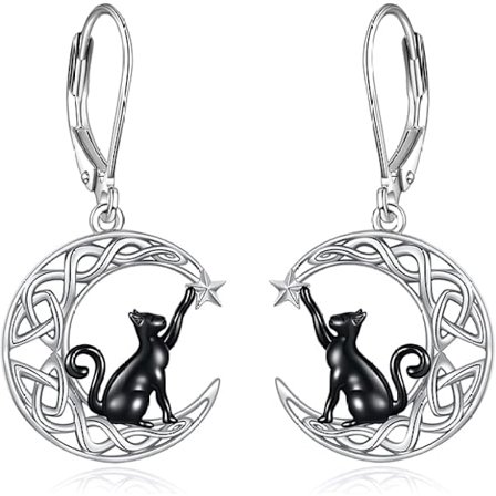 925 Sterling Silver Keltisk Måne Katt/Ko/Stjärna Leverback Örhängen Katt Djur Smycken Födelsedagspresenter för Kvinnor