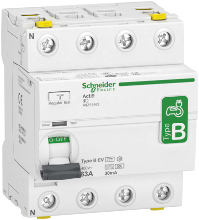 Schneider Electric Acti9 iID Jordfelsbrytare B-EV, 4-polig 63A, 30mA, Anslutningsdon & kablar