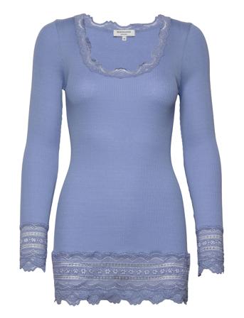 Silk T-Shirt W/ Lace T-shirts & Tops Long-sleeved Blå Rosemunde*Betinget Tilbud