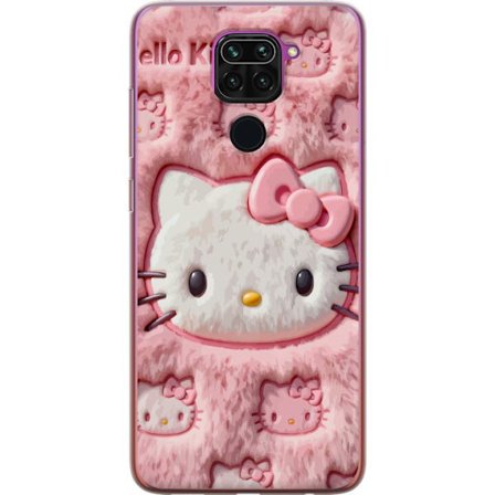 Kompatibel Mobilcover til Xiaomi Redmi Note 9 Hello Kitty lyserød fluffy baggrund med ikonisk ansigt og kawaii-æstetik