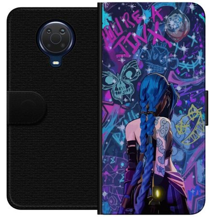 Yhteensopiva Lompakkokotelo Nokia Nokia G20 Värikäs graffitipiirros, jossa on sinisellä hiuksilla varustettu hahmo kaupunkimaisessa neon-tyylissä