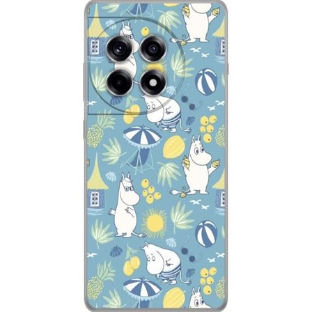 Kompatibel Gennemsigtig cover til OnePlus 12R Strandtema med frugter, parasoller, sommerhus og glade figurer i et farverigt mønster fyldt med legesyg