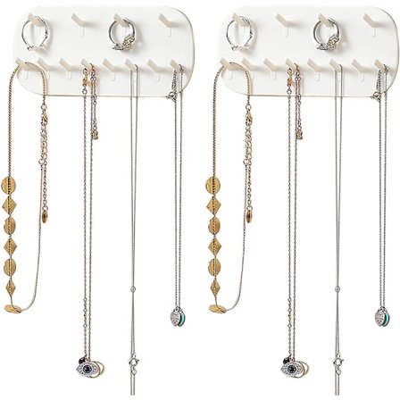 Halskædeholder Vægmontering, Selvklæbende Smykkeopbevaring med 12 Kroge, Smykkekroge til Halskæder, Ringe, Armbånd Nøgler - Hvid (2-pak)-FX-