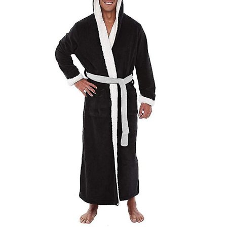 Män Herrarnas Lång Huvad Badrock Mjuk Nattklänning Robe Dressing Gown Svart
