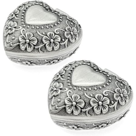 6x6x3,4 cm Sæt med 2 Små Smykkeskrin i Fløjl og Metal med Låg, Viktoriansk Stil, Vintage, Udskåret Hjerte til Minder, Smykker, Øreringe