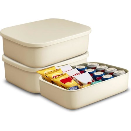 3-delt oppbevaringsbokssett med lokk, oppbevaringskurv i plast med lokk, oppbevaringsbokser i plast for skap, kontor, bad, kremfarge