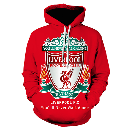 Fotballklubbgenser lang, hettegenser med stort grafisk trykk