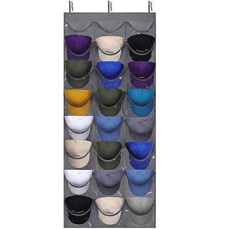 24 dype lommer Hatteholder - Hatteorganisator - Hatteholdere for baseballcapser, synlig hatteholder - baseballhattestativ for veggdør med 3 kroker