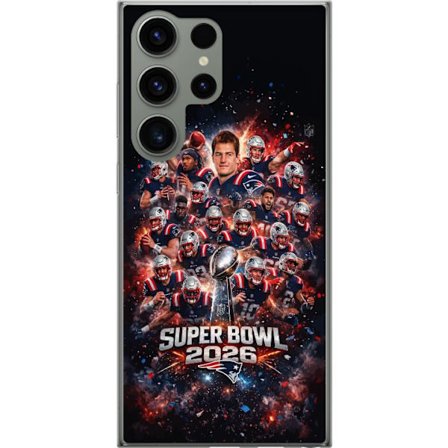 Yhteensopiva Puhelinkuori Samsung Galaxy S23 Ultra Super Bowl 2026 juliste, jossa New England Patriots ja NFL-mestaruuspalkinto räjähtävän urheilullis