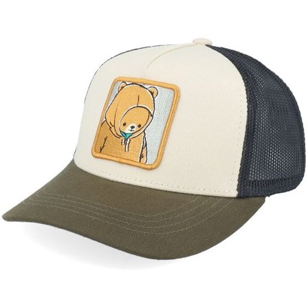Kiddo Cap - Grön trucker Keps - Kids Smiling Teddy Ivory/Black/Dark Mesh A-Frame Trucker @ Hatstore