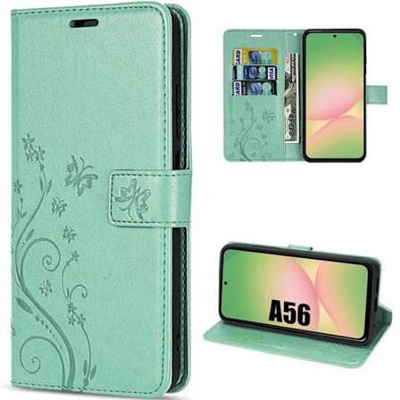 Coque til Samsung Galaxy A56 5G - BOOLING - Syntetisk Læder Stødabsorberende Grøn Sommerfugle Blomster Mønster