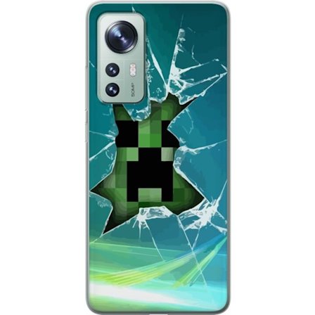 Kompatibel Mobilcover til Xiaomi Xiaomi 12 Minecraft Creeper gennem knust glas med dramatisk eksplosionseffekt, hvor den ikoniske Creeper bryder igenn