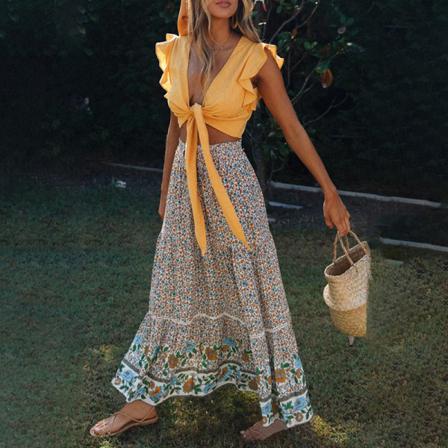 Kvinnor Sommar Boho Hög Midja Kjolar Volang Lång Kjol Knyta Upp